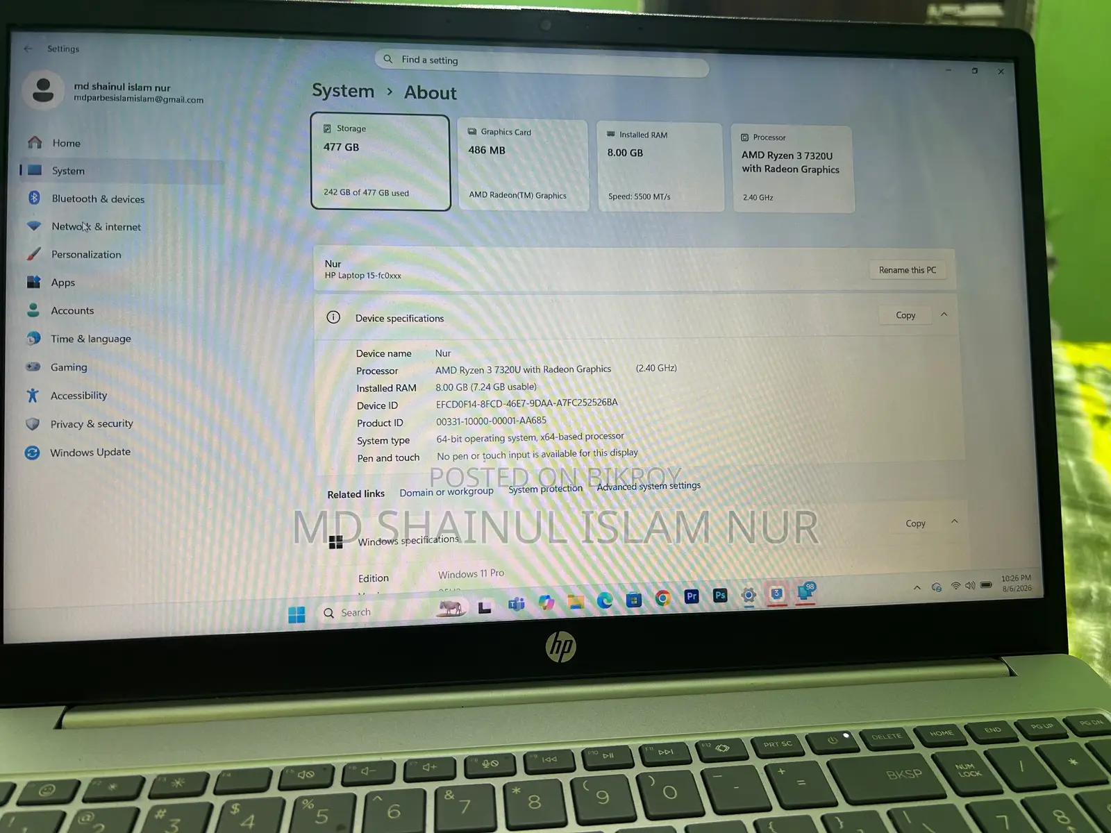 Laptop HP 15 8gb Amd Ryzen 5 SSD 512gb