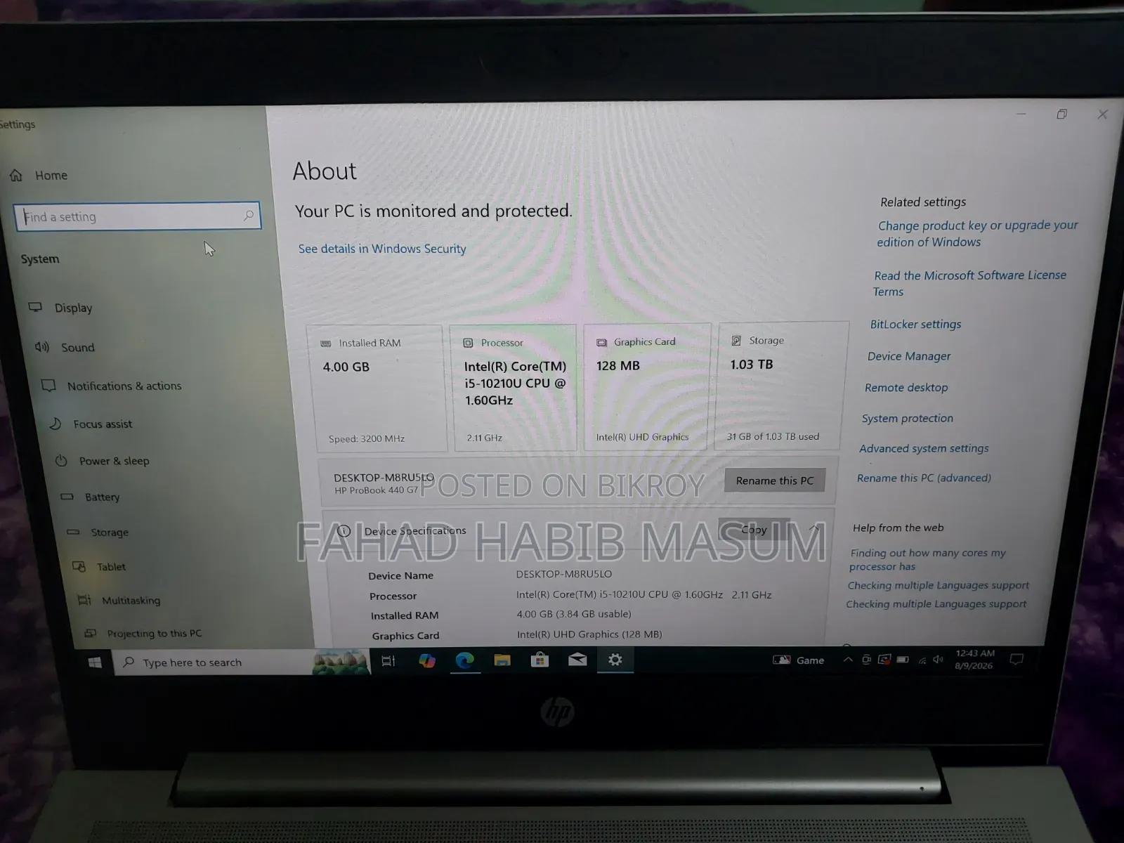 Laptop HP ProBook 440 G7 4GB Intel Core I5 SSD 1TB