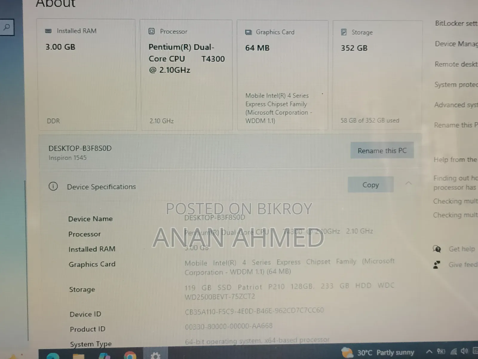 Laptop Dell Inspiron 15 3GB Intel Core I5 SSD 350GB