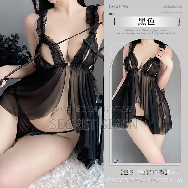Sexy Front-Open Sheer Mesh Babydoll Nightdress Matching Panty