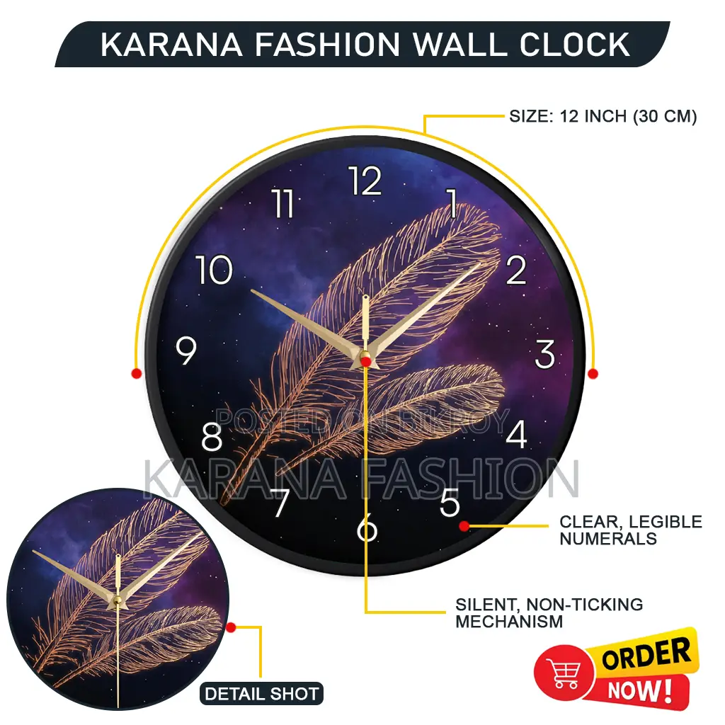 Karana Fashion (KW-41) 12-Inch Golden Feather Premium Wall Clock