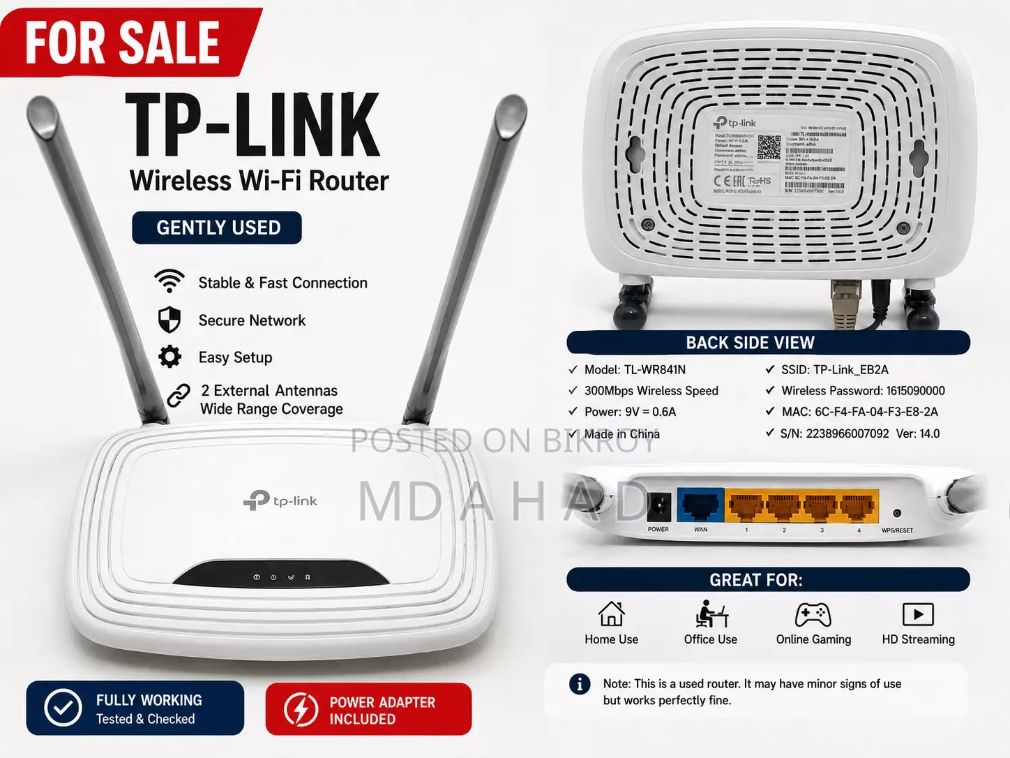 Second Hand "Tp Link Router", condition is almost new.