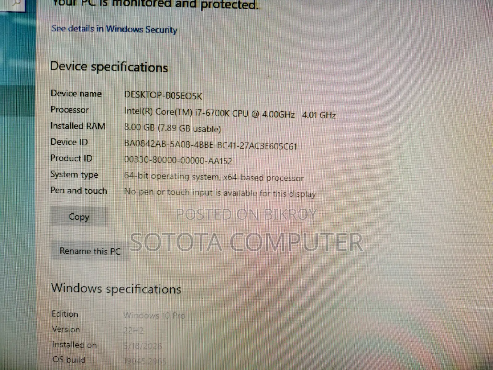 Desktop Computer MSI Model 8GB Intel Core I7 SSD 6T