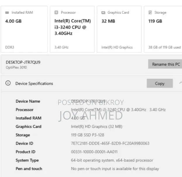 Desktop Computer 4GB RAM Intel Core i3 SSD 128GB