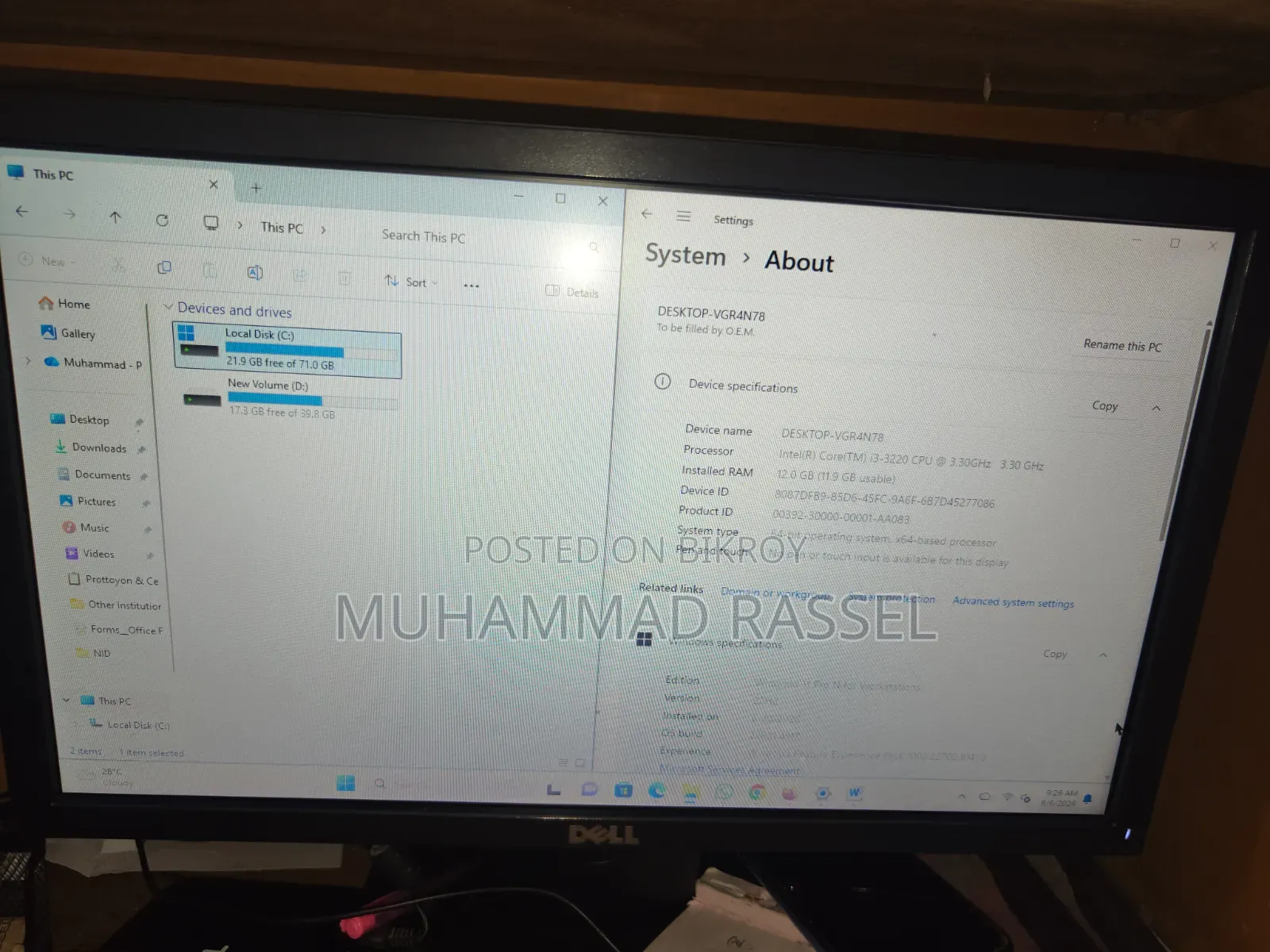 Desktop Computer ASUS 8GB Intel Core I3 SSD 128GB