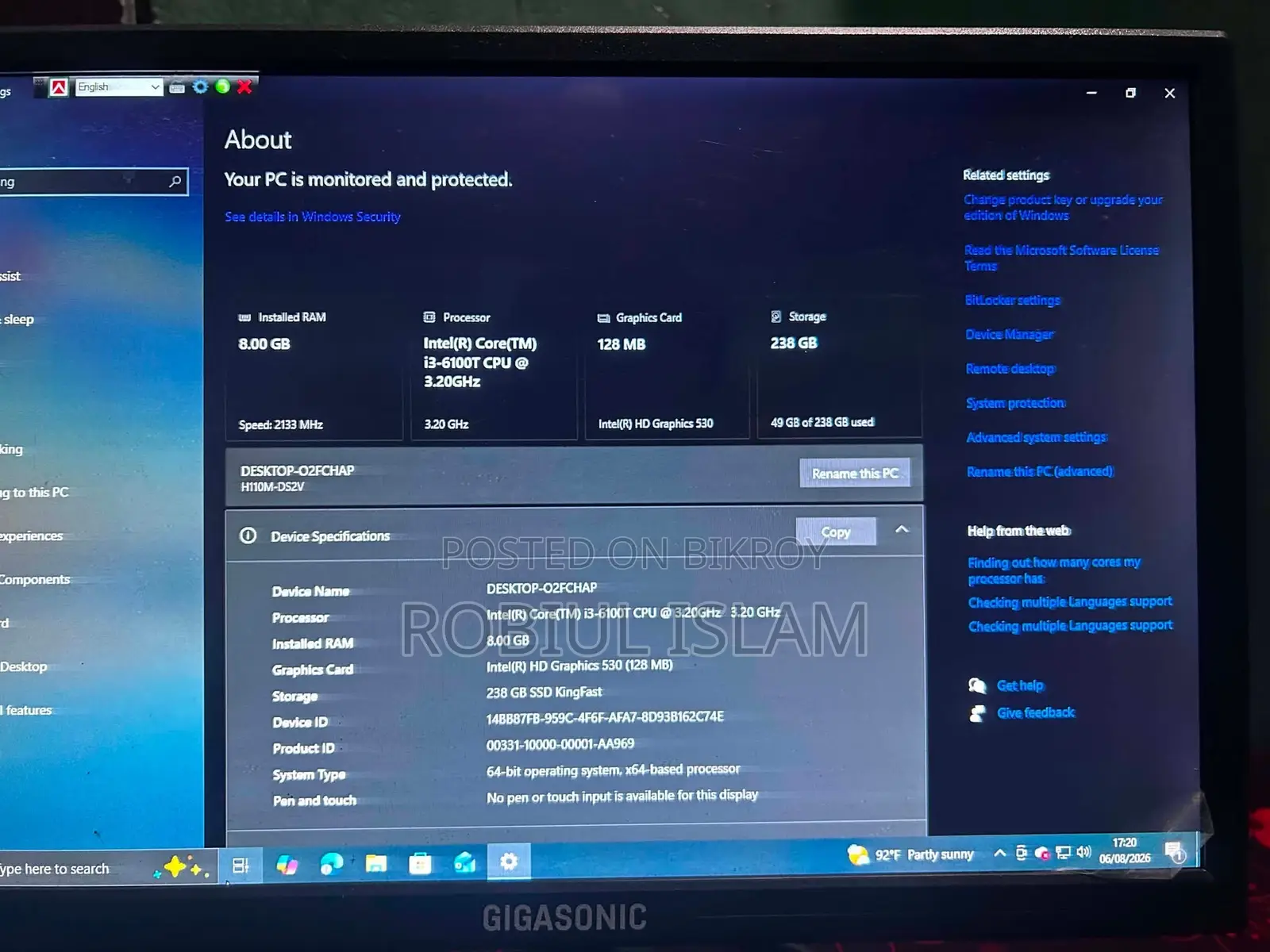 Desktop Computer 8GB RAM Intel Core i3 SSD 256GB