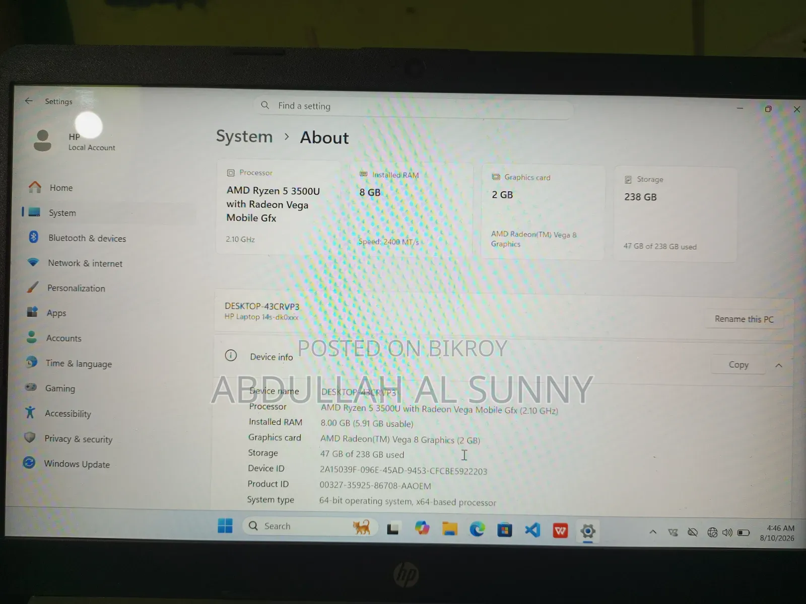 Laptop HP 14S 8GB AMD Ryzen 5 256GB SSD
