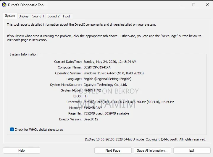 Desktop Computer Gigabyte 8GB Intel Core I3 SSD 256GB