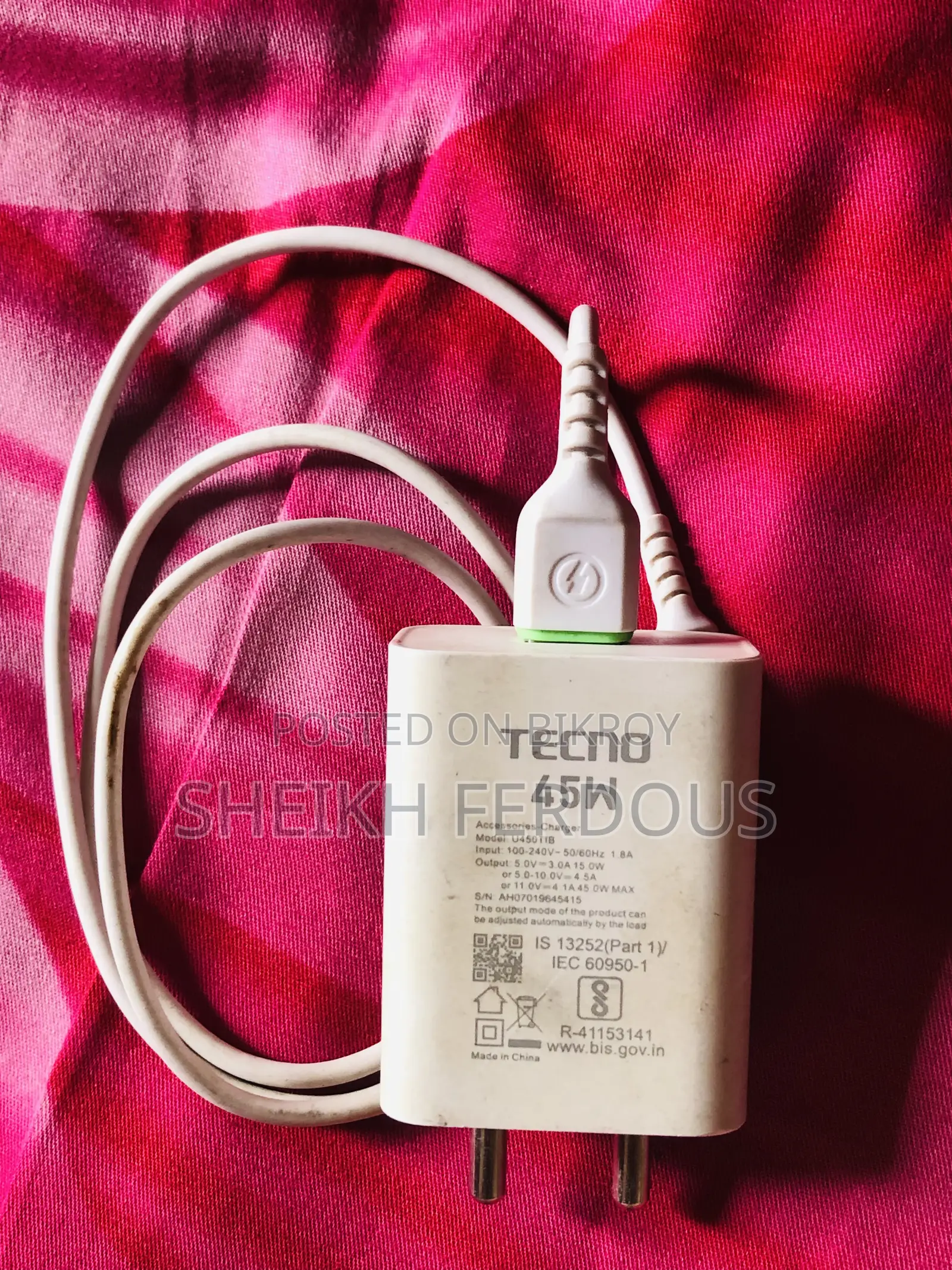 TECNO 45 (Model: U450TIB) Original Fast Adapter.