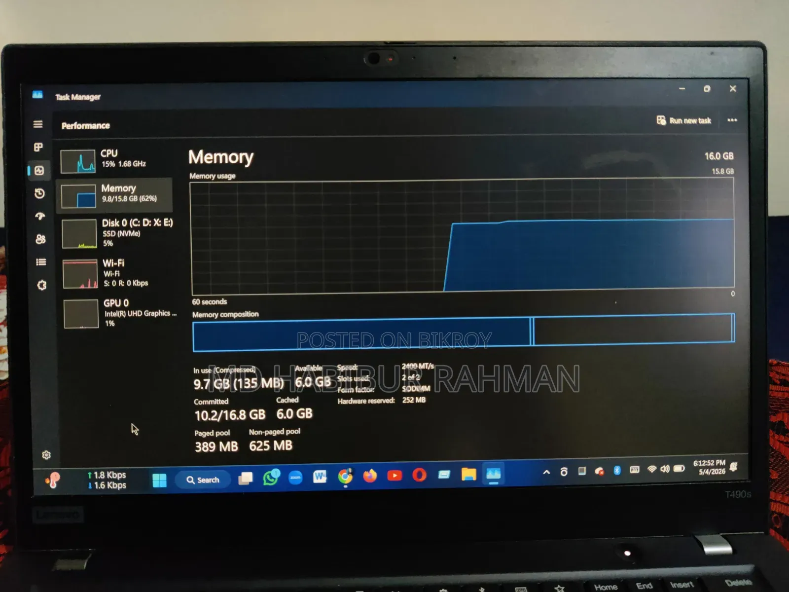 Laptop Lenovo ThinkPad T490s 16GB Intel Core I5 SSD 256GB