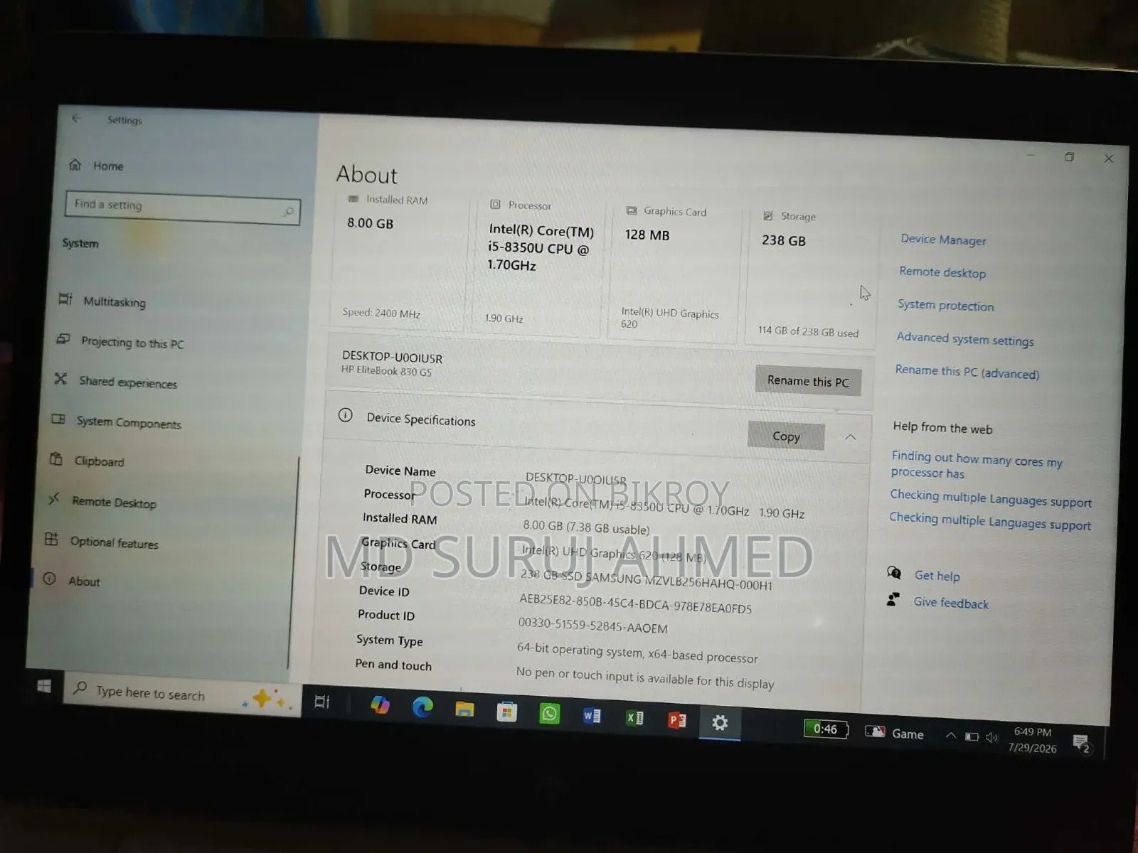 Laptop HP EliteBook 830 G5 8GB Intel Core I5 SSD 128GB