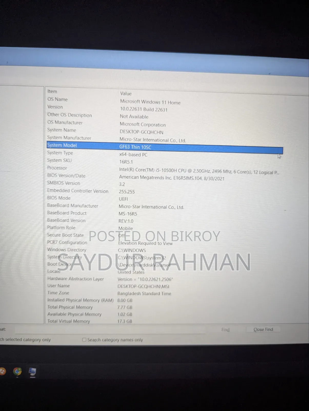 Laptop MSI GF63 8GB Intel Core i5 HDD+SSD 1TB