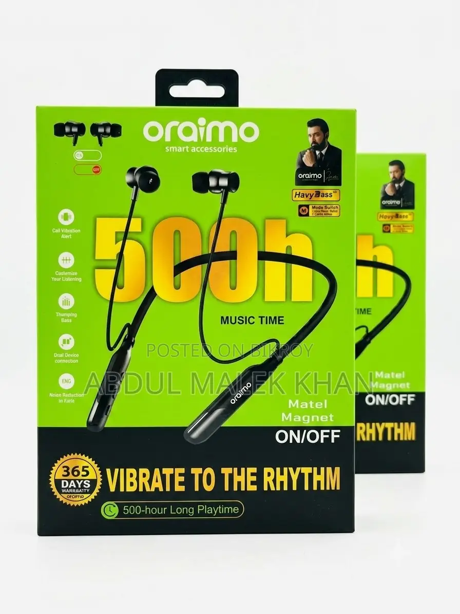 Oraimo Wireless Neckband Playtime Up to 500 hours Talk Time 200 Hours