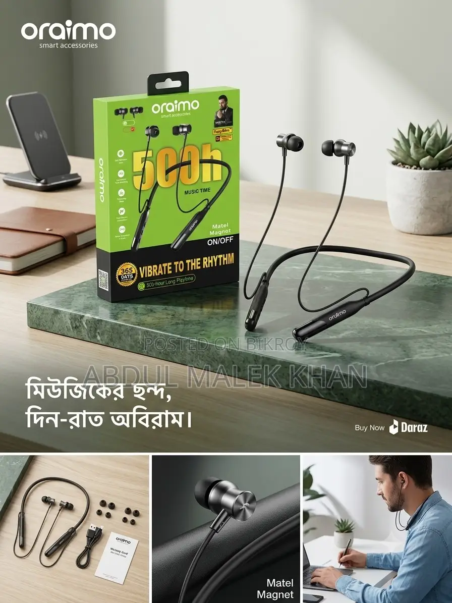 Oraimo Wireless Neckband Playtime Up to 500 hours Talk Time 200 Hours