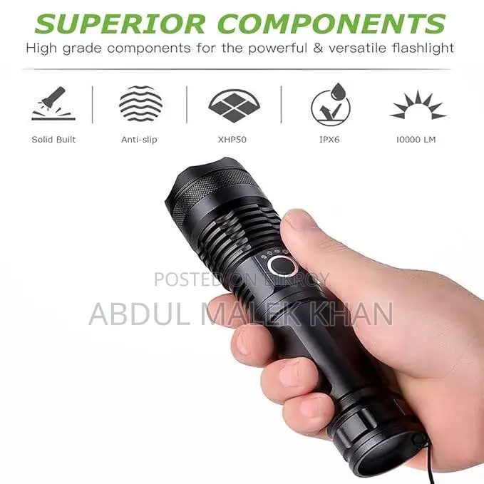 5000 Lumen Rechargeable Tactical Flashlight,XHP50 LED for Hiking Hunti