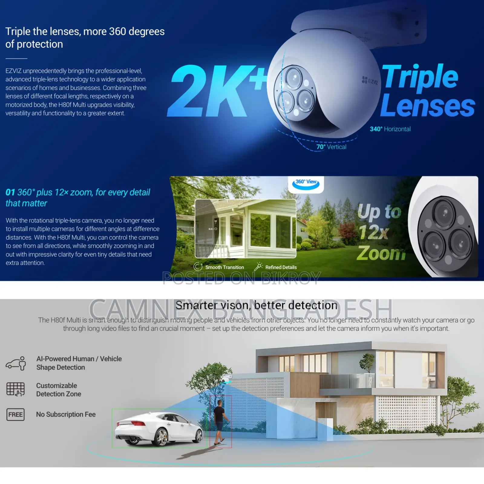 EZVIZ H80f Multi 12MP Triple-Lens 2K+ Smart WiFi PTZ Outdoor Security 
