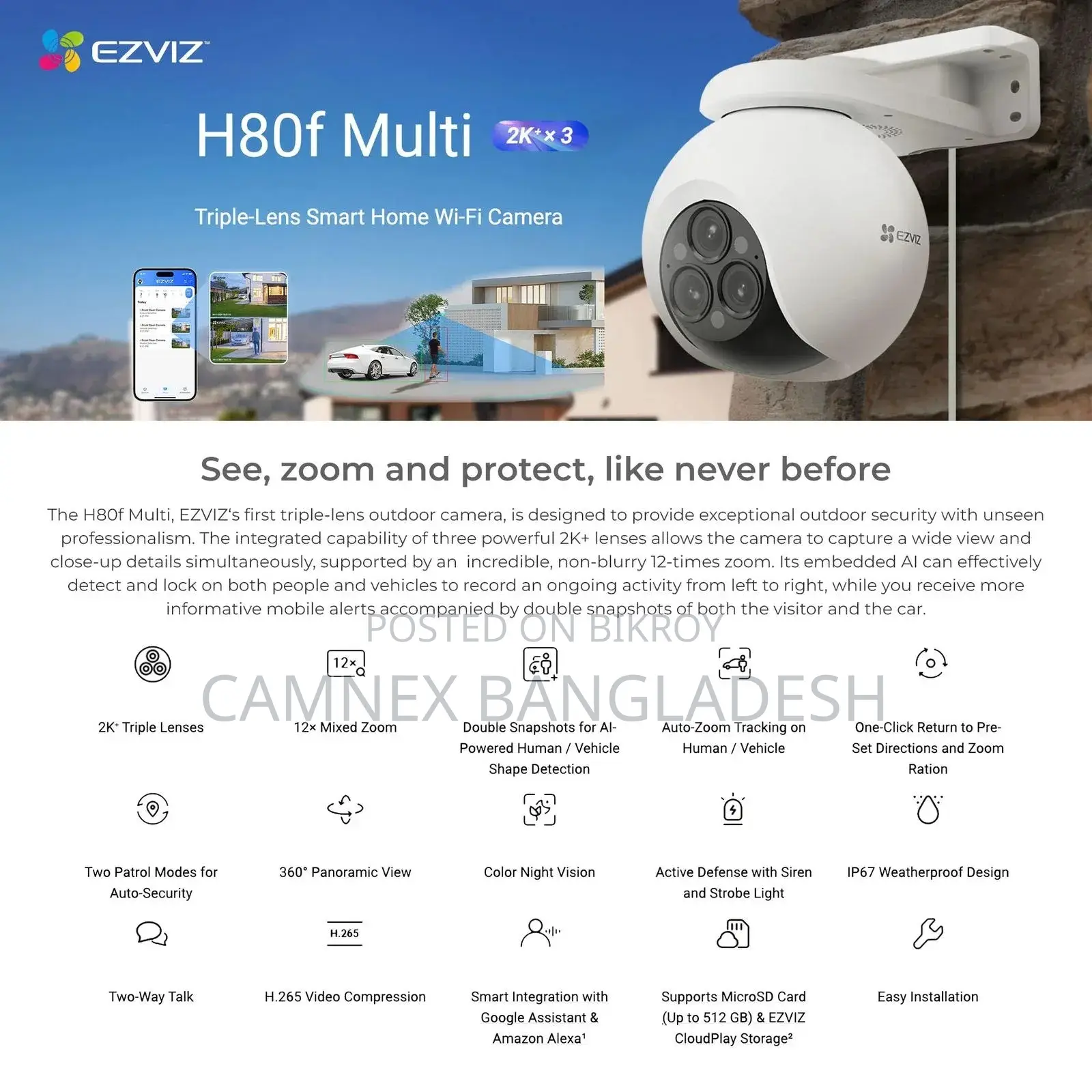 EZVIZ H80f Multi 12MP Triple-Lens 2K+ Smart WiFi PTZ Outdoor Security 