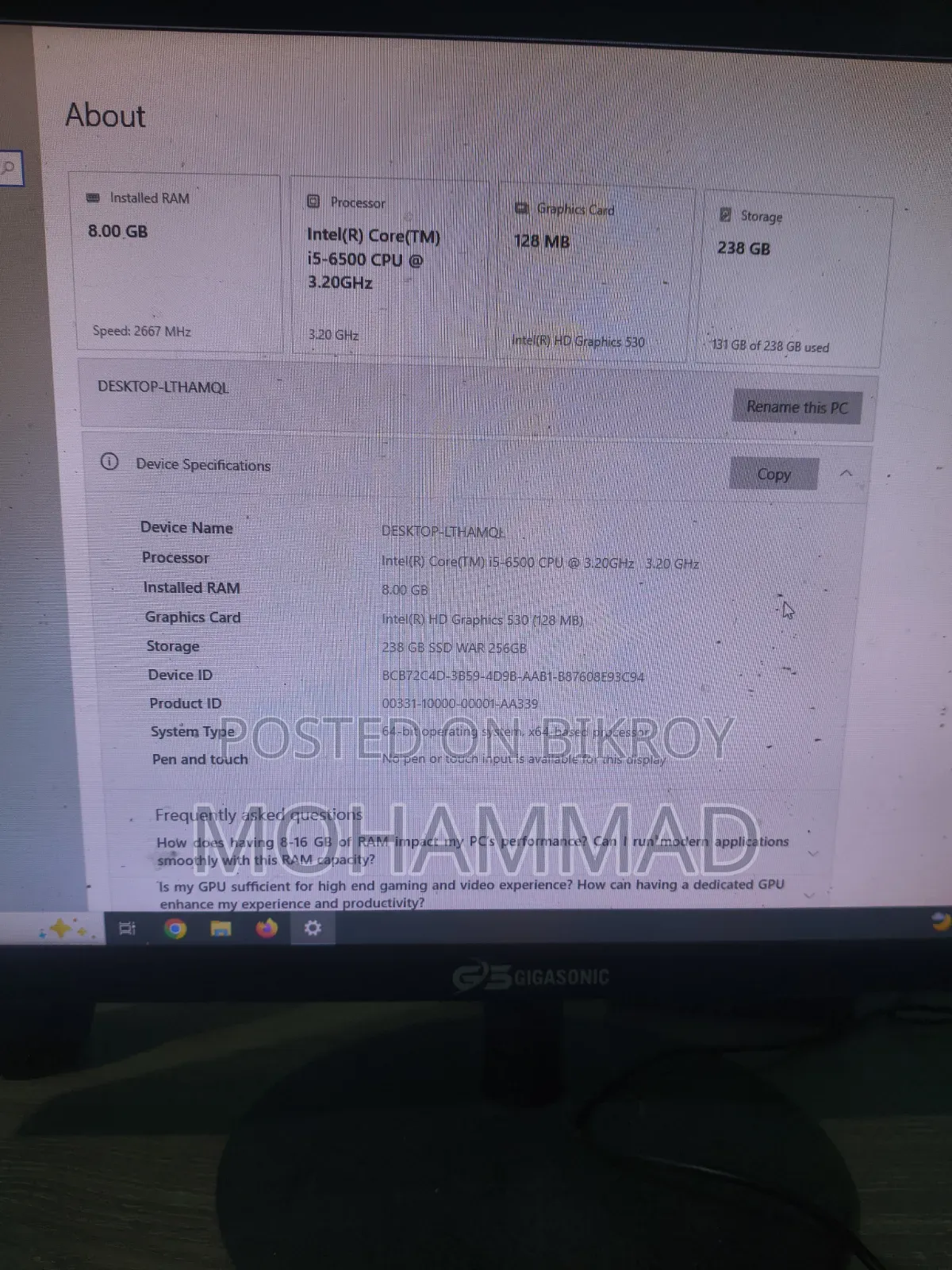 Desktop Computer Gigabyte GB-BACE-3000 8GB Intel Core I5 SSD 256GB