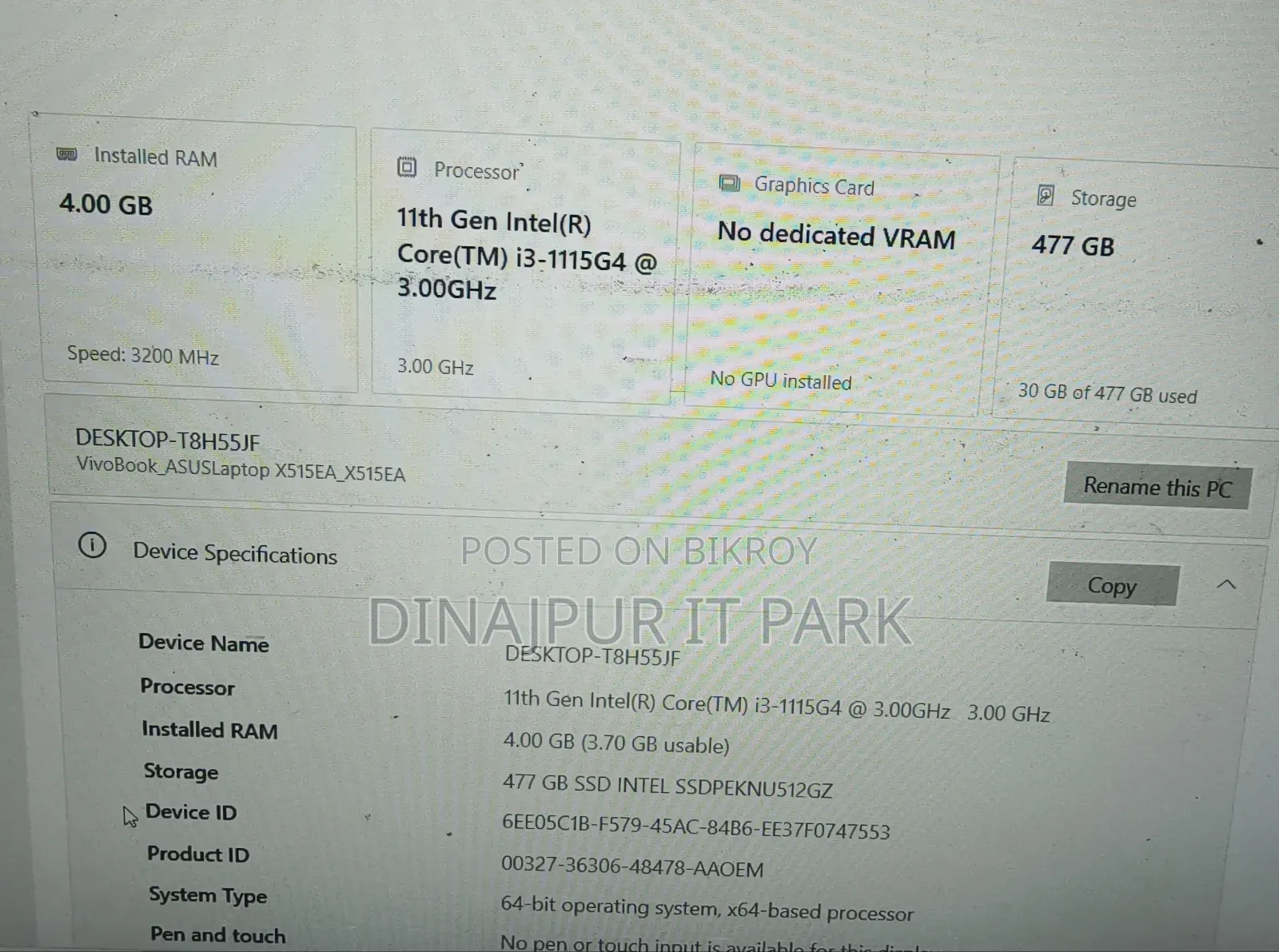 Laptop Asus 4GB Intel Core i3 SSD 500GB