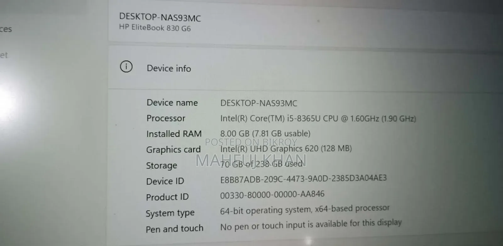 Laptop HP EliteBook 840 G6 8GB Intel Core i5 SSD 250GB