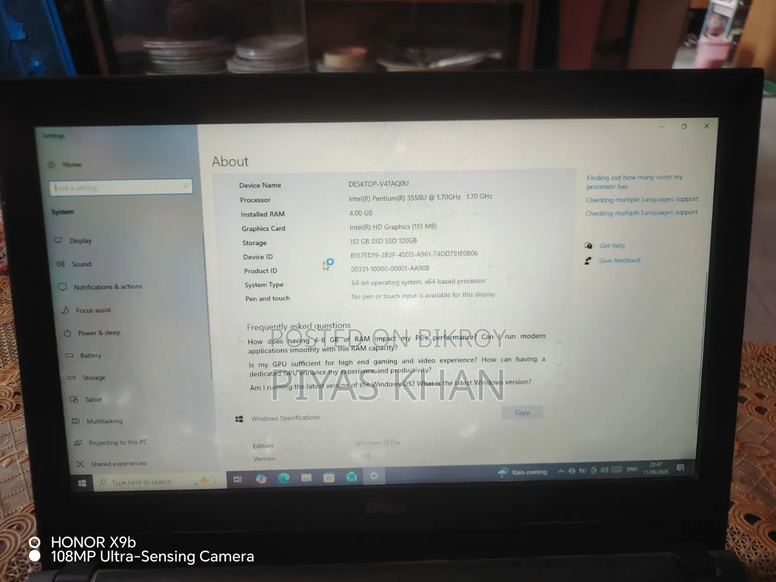 Laptop Dell 4GB Intel Pentium SSD 128GB