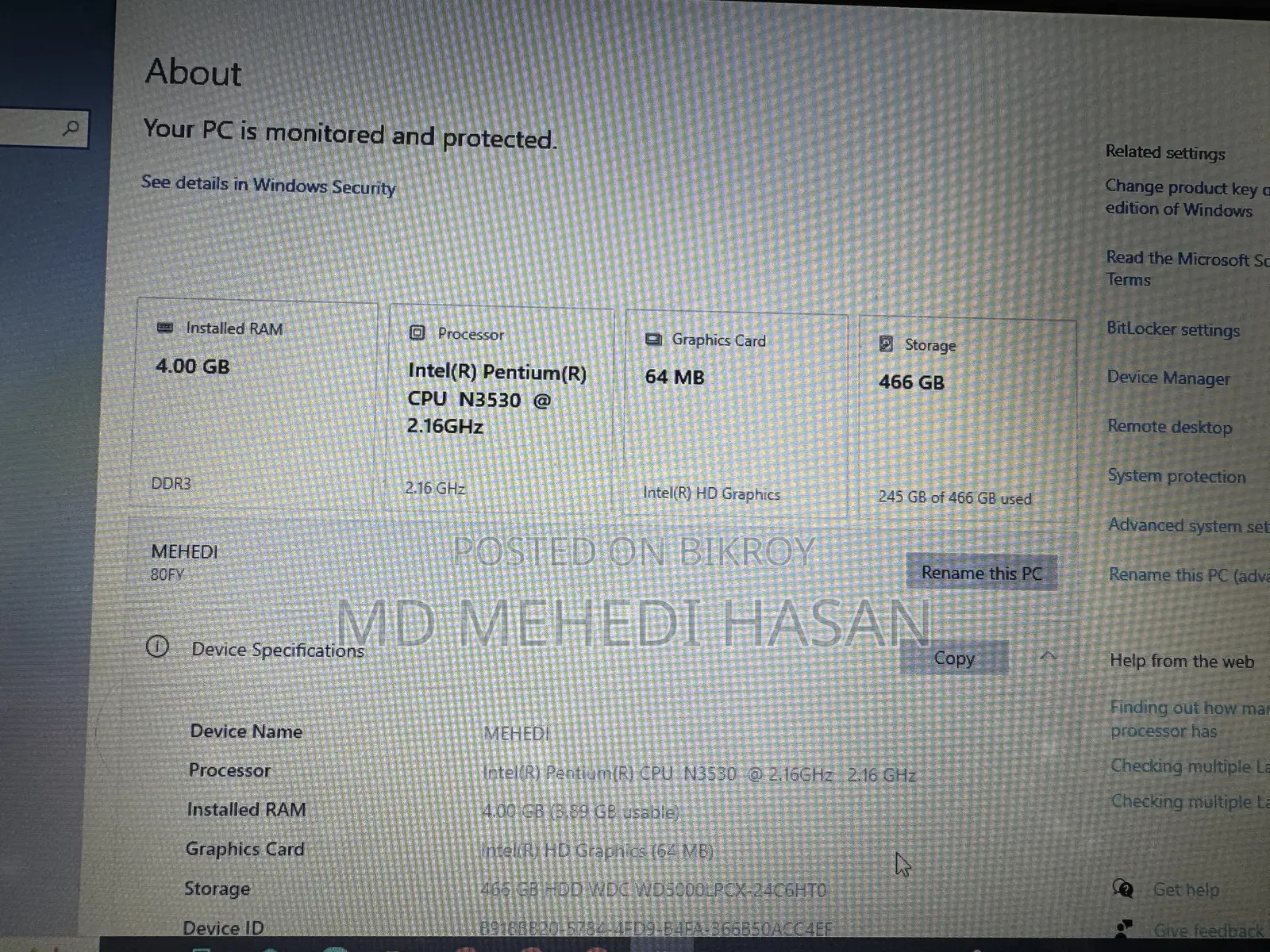 Laptop Lenovo 4GB Intel Pentium HDD+SSD 512GB