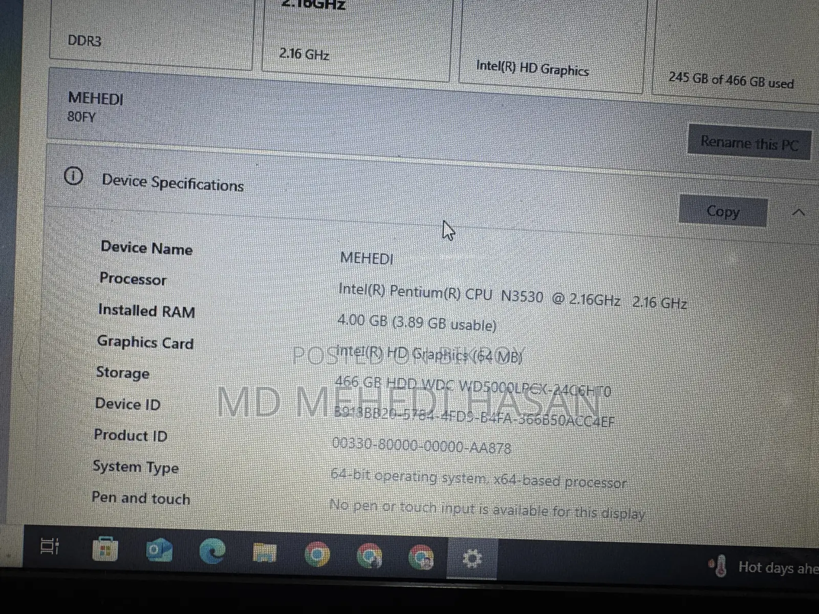 Laptop Lenovo 4GB Intel Pentium HDD+SSD 512GB