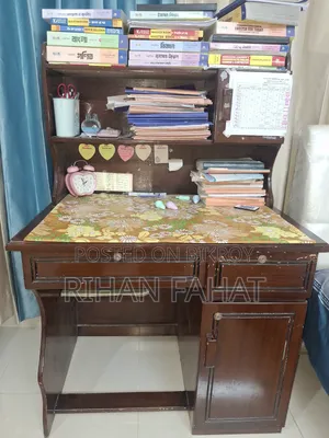Used Wooden Study Table With Bookshelf & Drawers