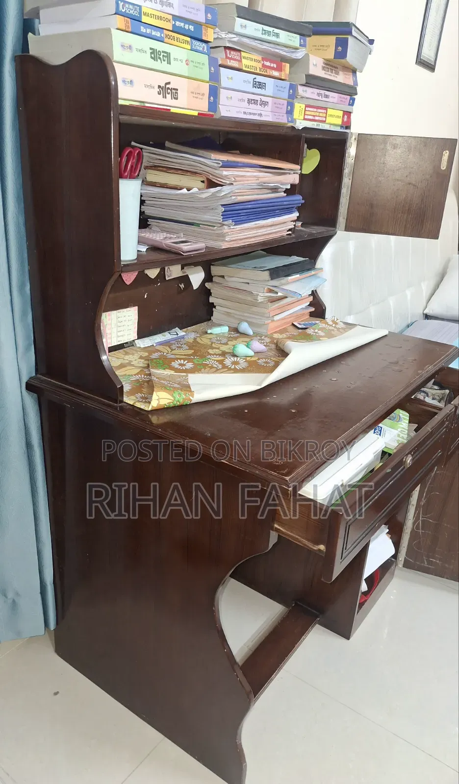 Used Wooden Study Table With Bookshelf & Drawers