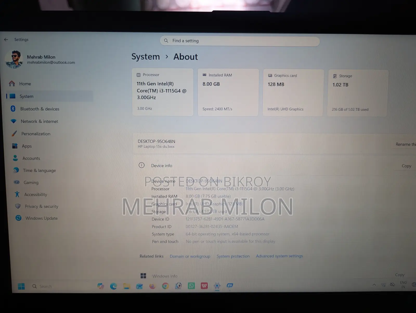New Laptop HP 15S 8GB Intel Core i3 SSD 1T