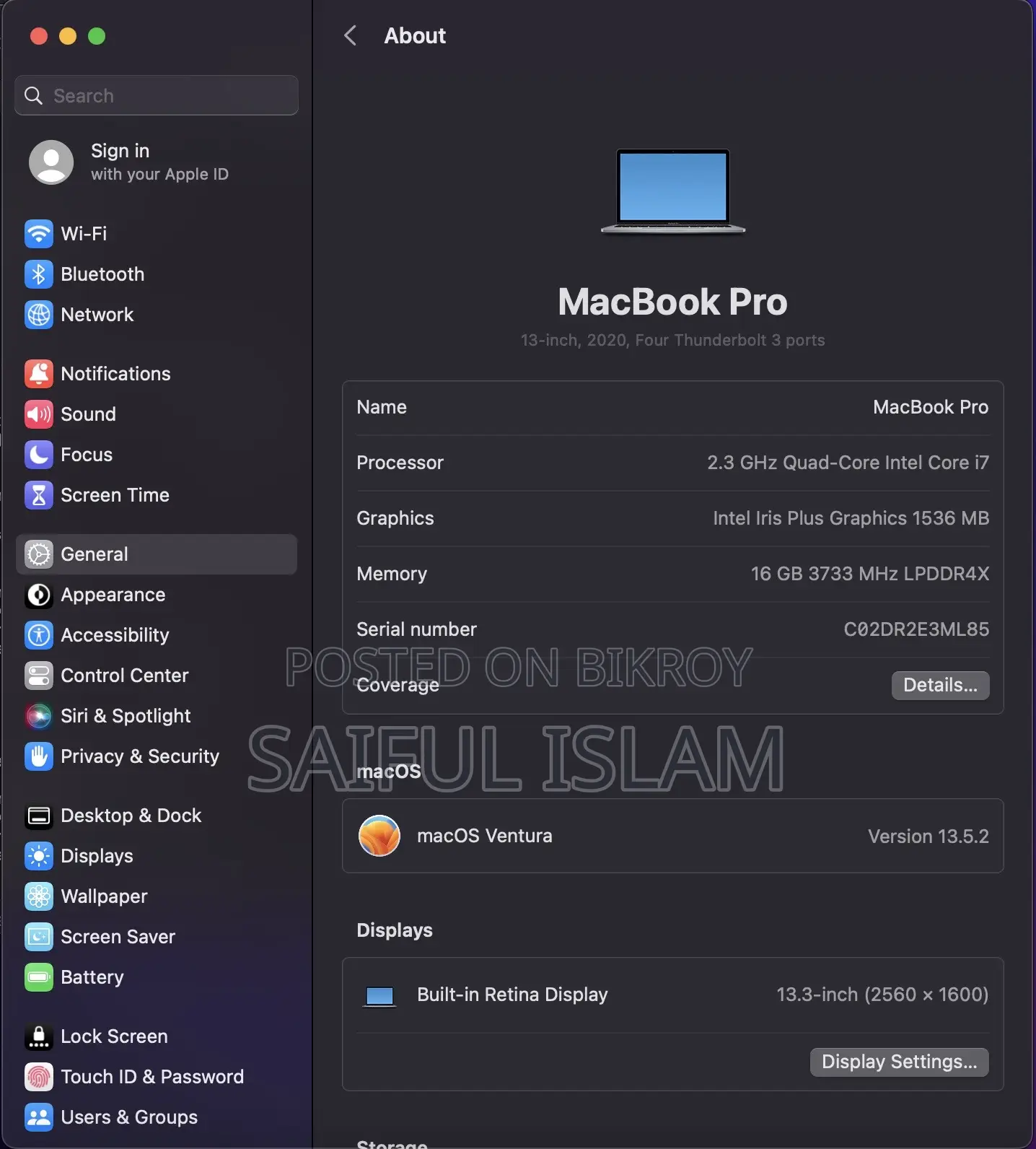 Laptop Apple MacBook Pro 2020 16GB Intel Core I7 SSD 512GB