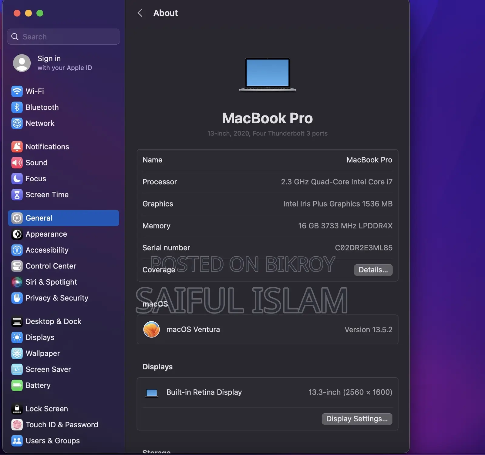 Laptop Apple MacBook Pro 2020 16GB Intel Core I7 SSD 512GB