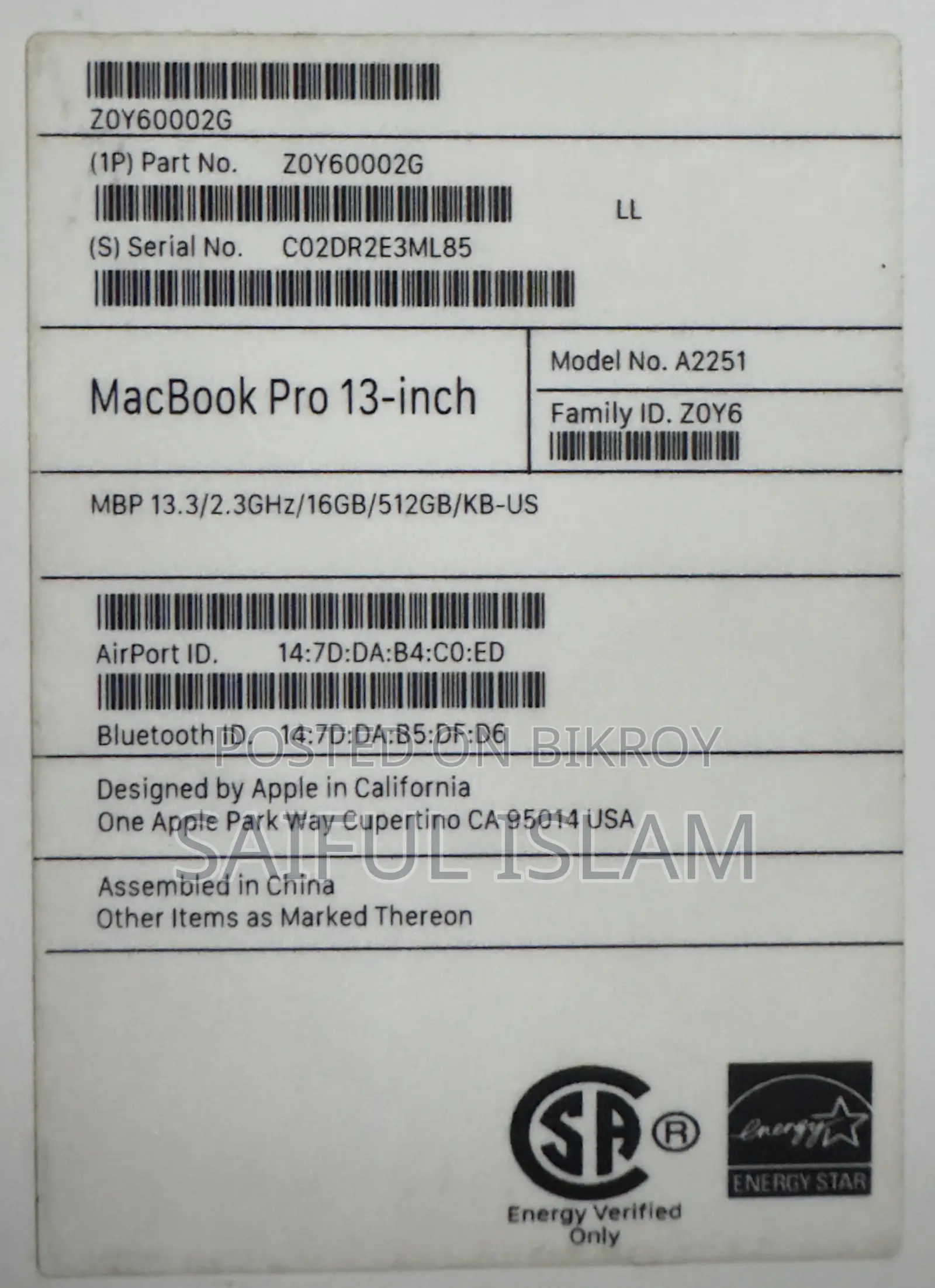 Laptop Apple MacBook Pro 2020 16GB Intel Core I7 SSD 512GB