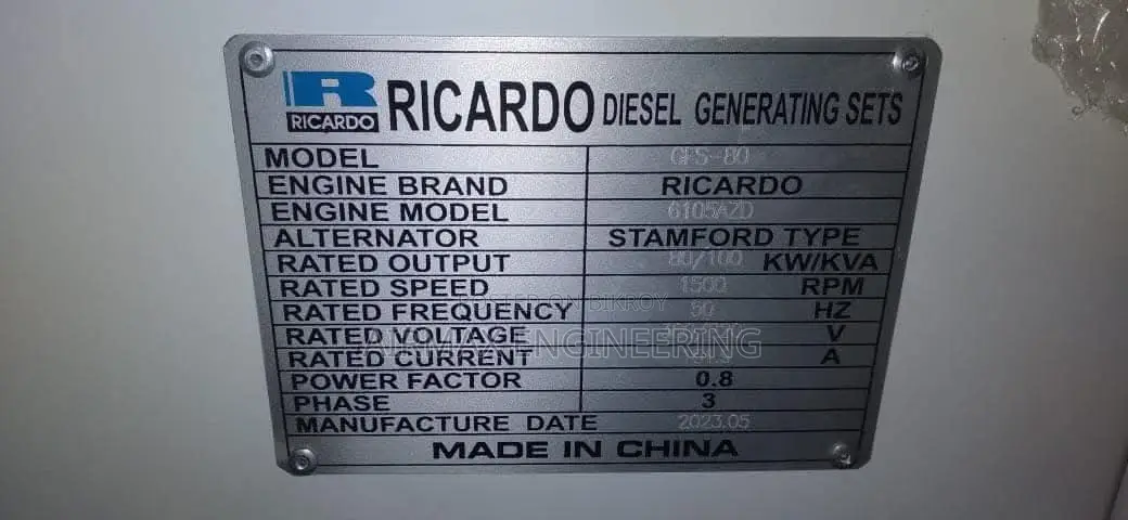Ricardo 100 kVA / 80 kW Open-Type Diesel Generator