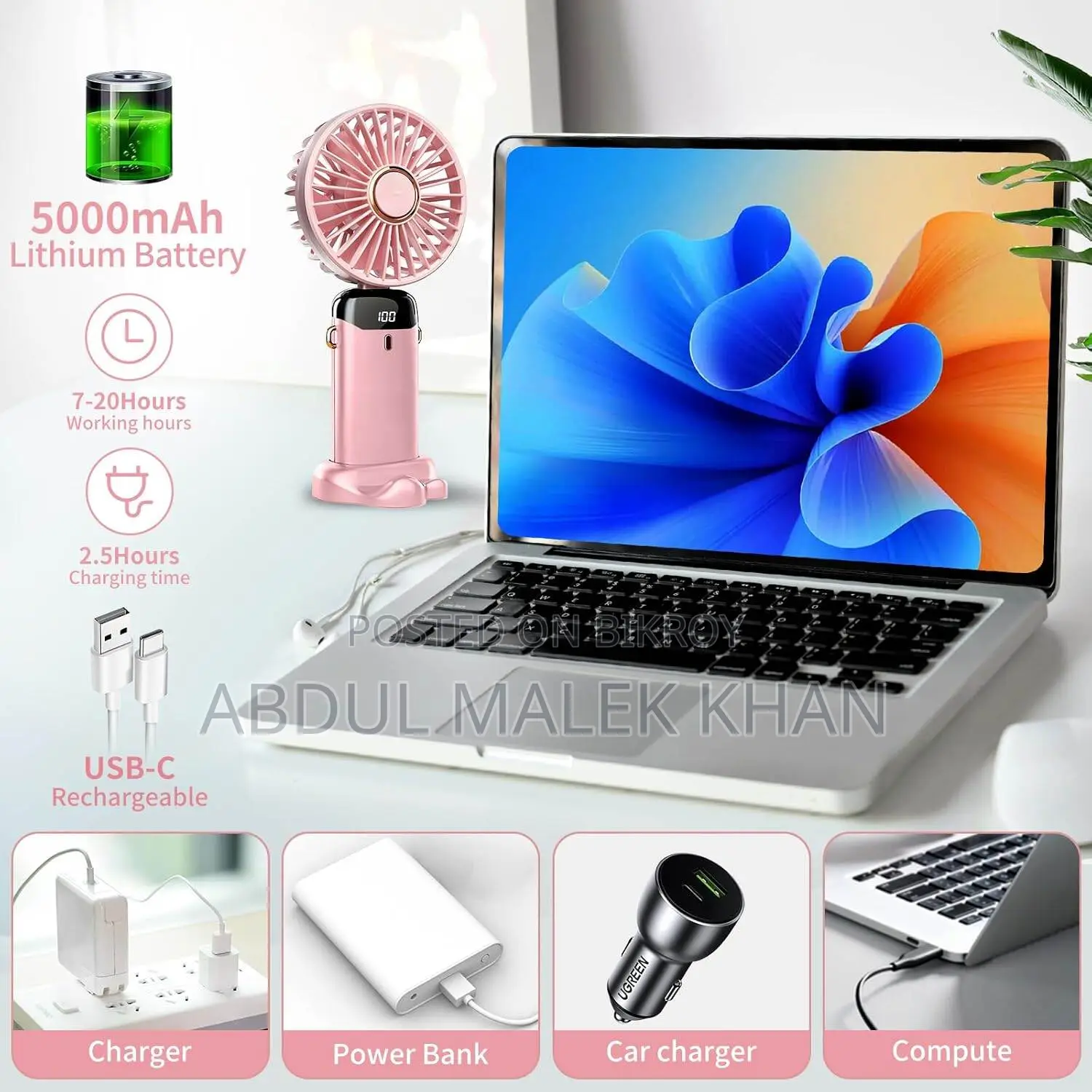 Hand Held Fan,Portable Handheld USB Rechargeable Fans with 5 Speeds