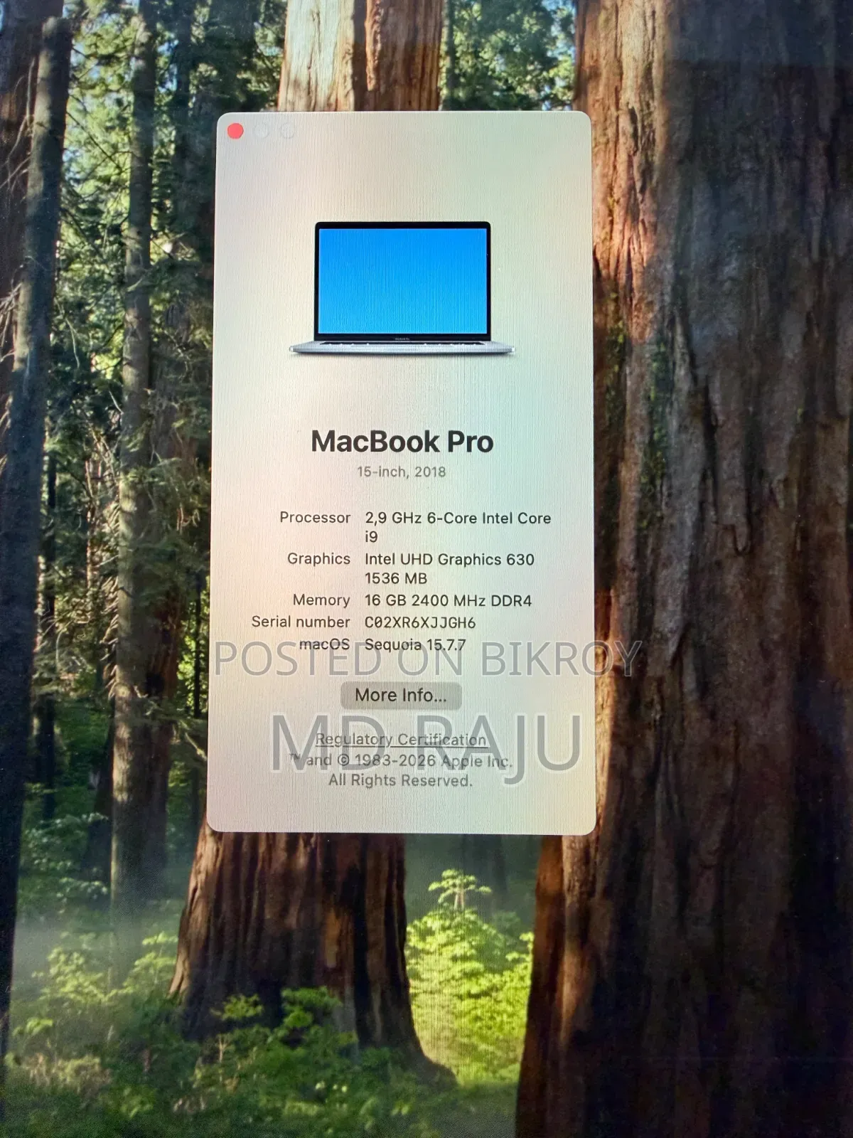 Laptop Apple MacBook 2018 16GB Intel Core i9 SSD 512GB