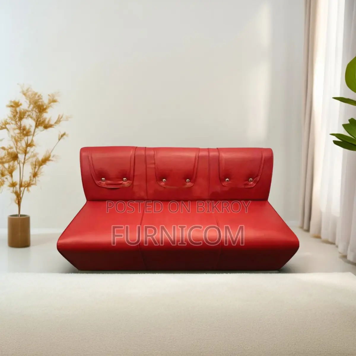 High Durable 3 Seater Armless Button Sofa - Red color