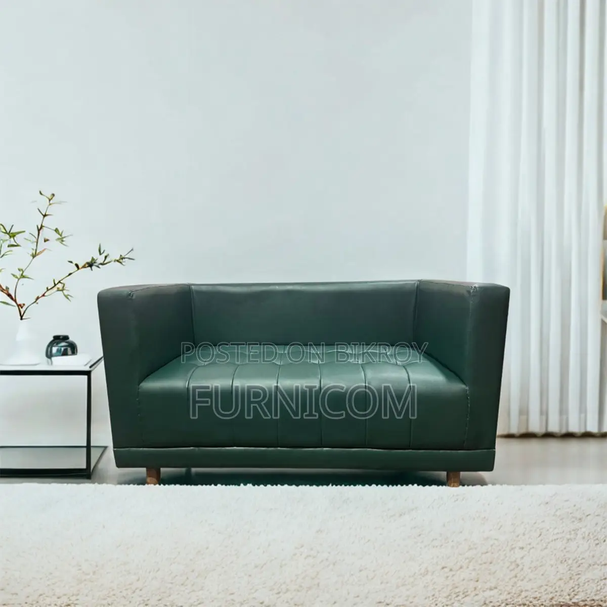 Furnicom Wooden Two Seater Leather Deep Green Sofa for Home & Office