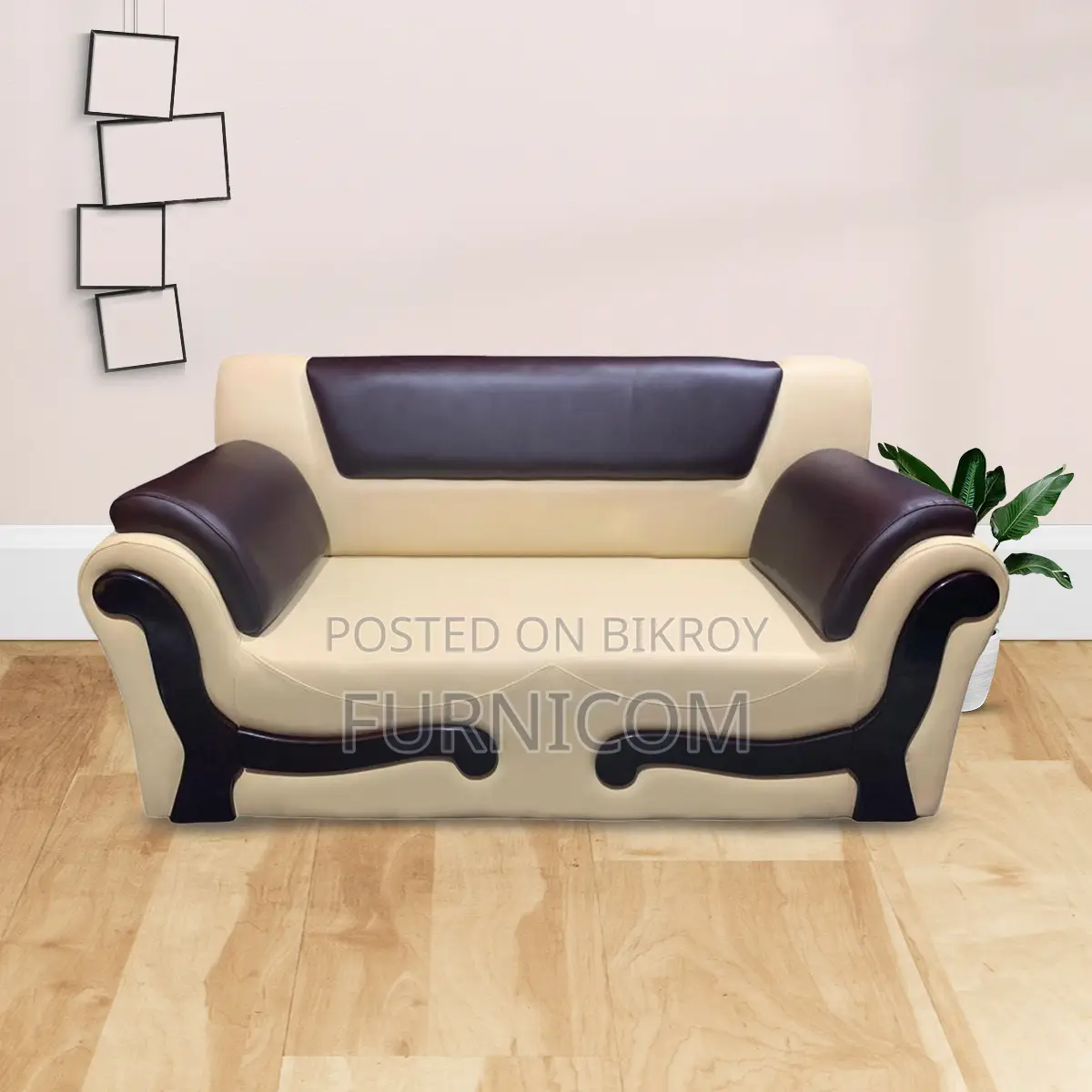 Furnicom Wooden Two Seater Leather Milk White Sofa for Home & Office