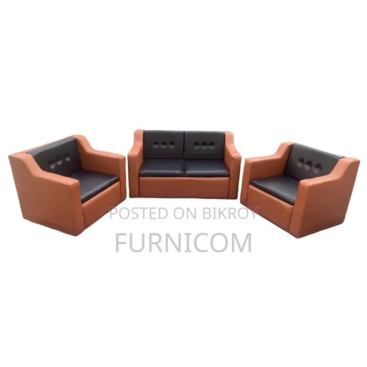 Button Tufted Living Room Sofa Set/ Faux Leather/ Mehogany Wood/ Orang