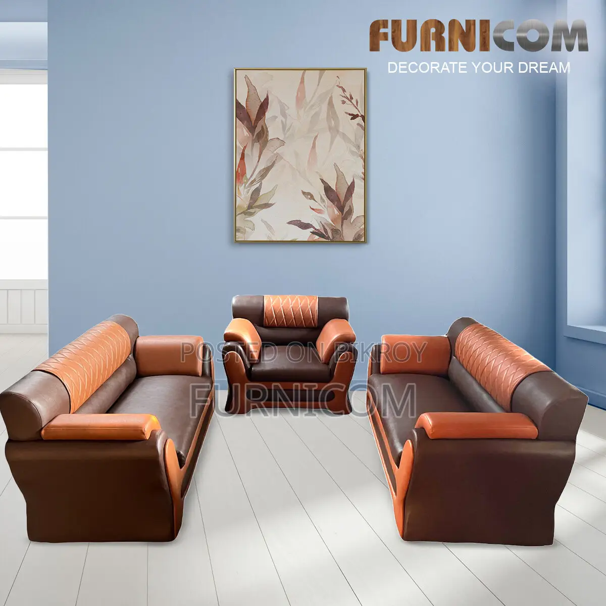 Furnicom Sofa Set Leather Rolled Arm Fluffy Arm Sofa
