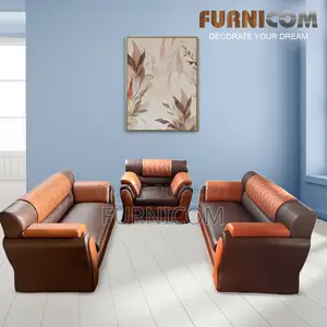 Furnicom Sofa Set Leather Rolled Arm Fluffy Arm Sofa