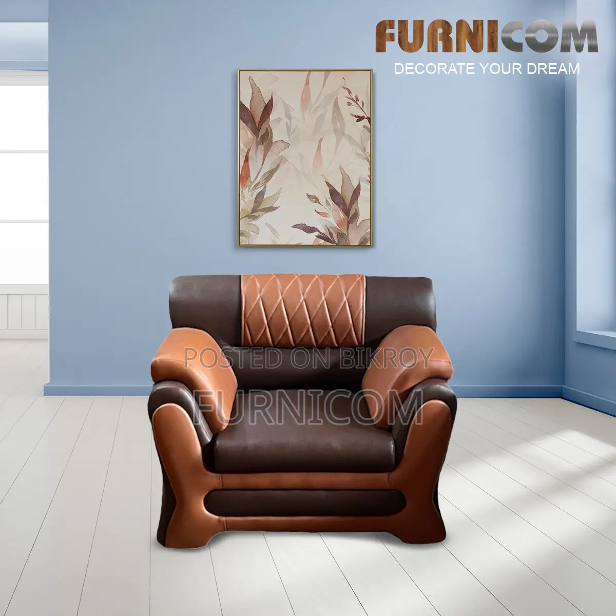 Furnicom Single Sofa Leather Rolled Arm Fluffy Arm Sofa one Seater Liv
