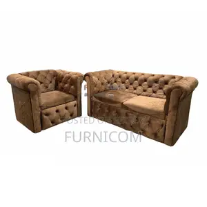 Velvet Button Tufted Chesterfield Sofa Set Brown Living Room Furniture