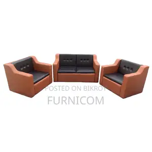 Button Tufted Living Room Sofa Set/ Faux Leather/ Mehogany Wood/ Orang