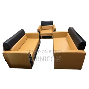 Living Room Sofa Set/ Faux Leather/ Mehogany Wood/ Orange Black