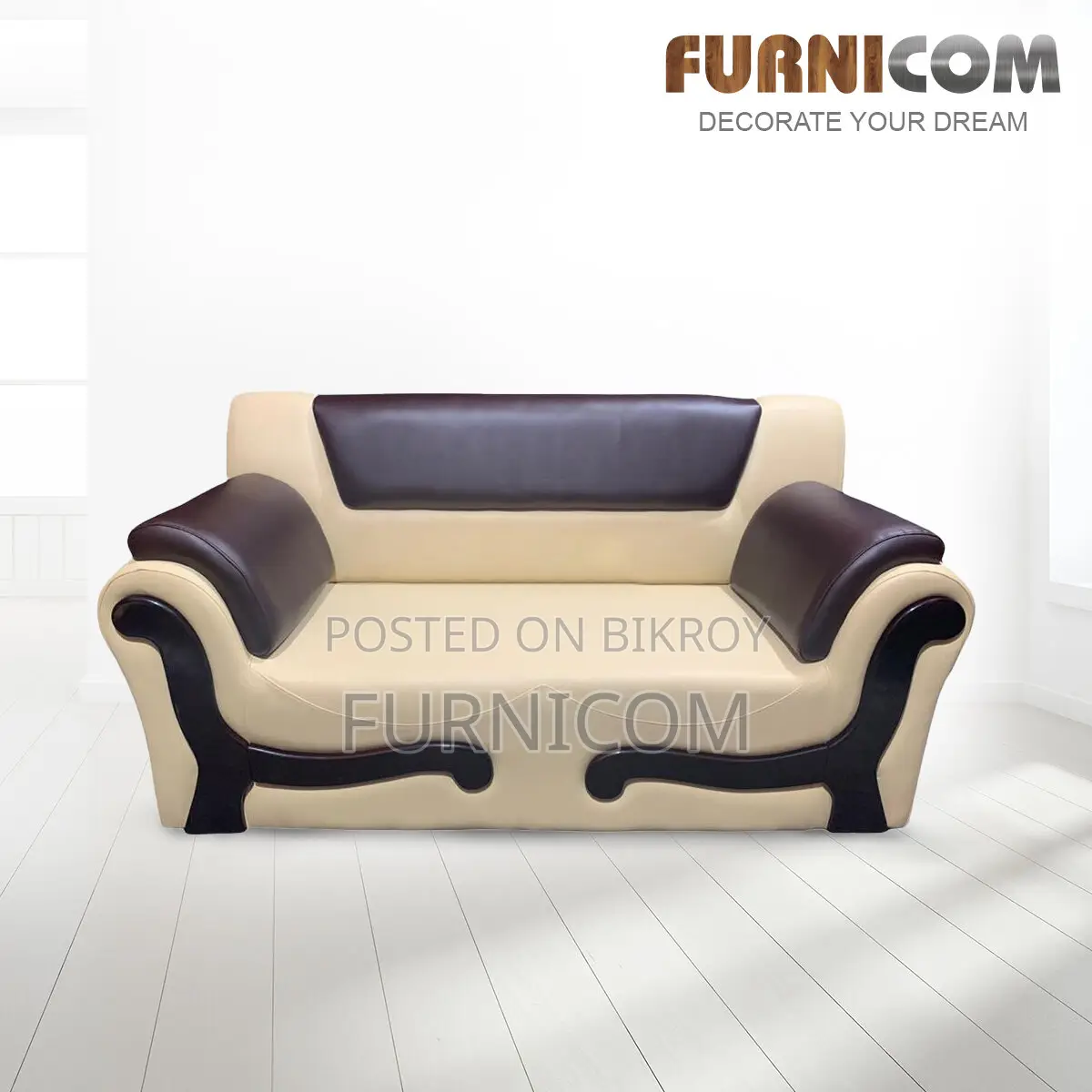 Furnicom Wooden Two Seater Leather Milk White Sofa for Home & Office