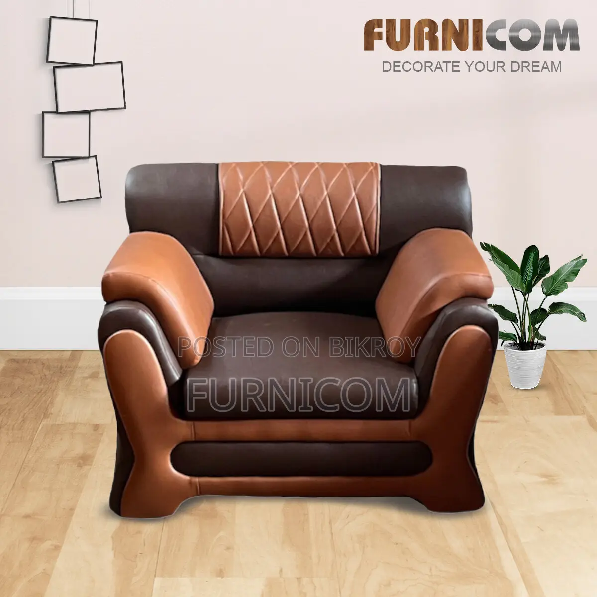 Furnicom Single Sofa Leather Rolled Arm Fluffy Arm Sofa one Seater Liv