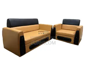 Living Room Sofa Set/ Faux Leather/ Mehogany Wood/ Orange Black