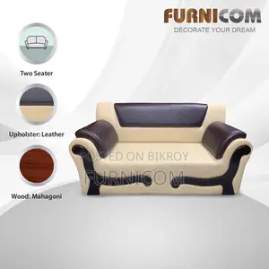 Furnicom Wooden Two Seater Leather Milk White Sofa for Home & Office